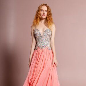 NEW LONG SLEEVELESS A-LINE CHIFFON DRESS EMBROIDERED WITH RHINESTONES GL2092